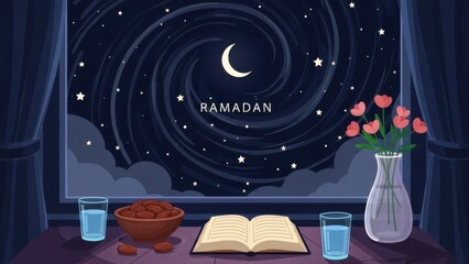Ramadan preparations with dates, water, and Quran on table