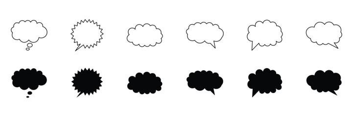 Though bubble speech bubble set. Outline and solid black cloud bubble message thinking speech bubble collection. Set of speech bubble.