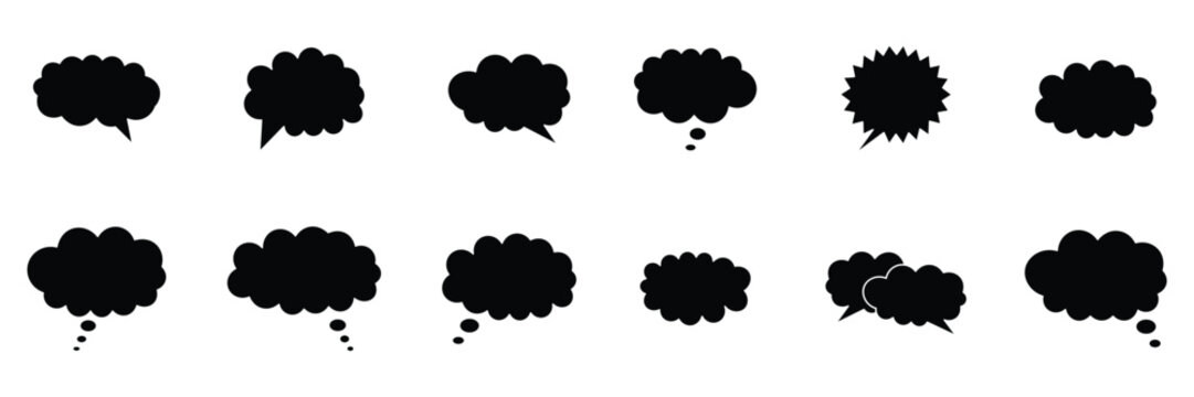 Though bubble speech bubble set. Solid black cloud bubble message thinking speech bubble collection. Set of speech bubble.
