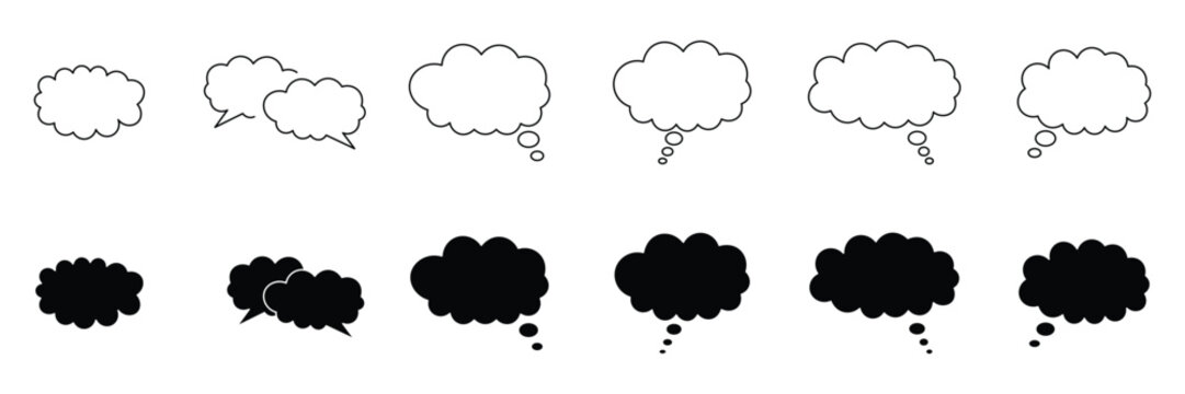 Though bubble speech bubble set. Outline and solid black cloud bubble message thinking speech bubble collection. Set of speech bubble.