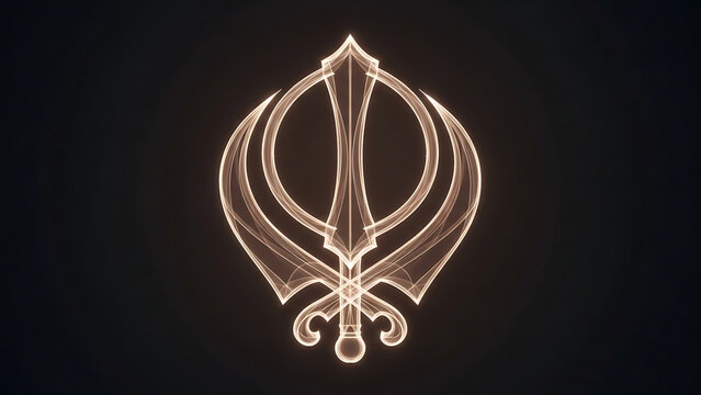The Khanda, the symbol of Sikhism, glowing with warm light against a dark background