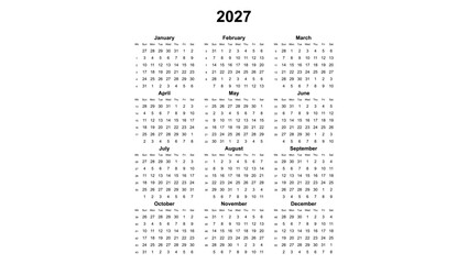 2027 year english vector calendar with week numbers