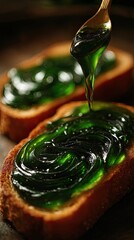 Closeup of glossy green pandan jam dripping from golden spoon onto toasted asian bread against dark blurred kitchen background, concept of indulgent street food dessert
