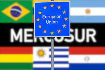 Flags of the Mercosur countries and European Union shield as a symbol of the free trade agreement