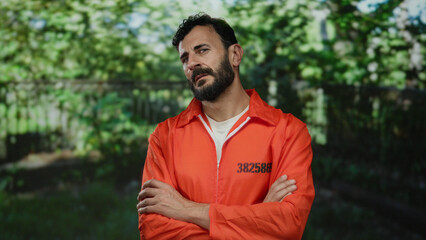 Hispanic man with beard in orange prison jumpsuit standing in a green park setting with trees and sunlight, portraying a thoughtful expression outdoors.