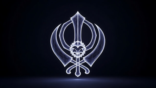 Stylized glowing white khanda symbol representing sikh faith against abstract dark background