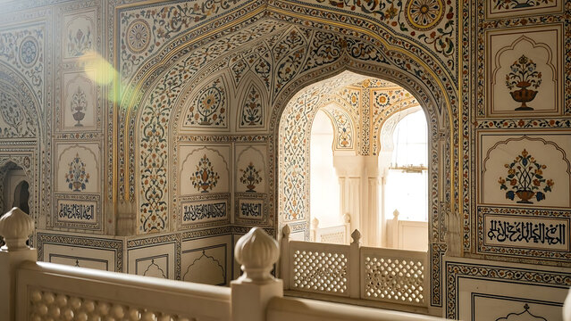 ornate sikh gurdwara interior with intricate patterns and sunlight illuminating archway