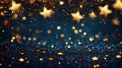 Golden sparkling star bokeh on navy blue festive abstract background