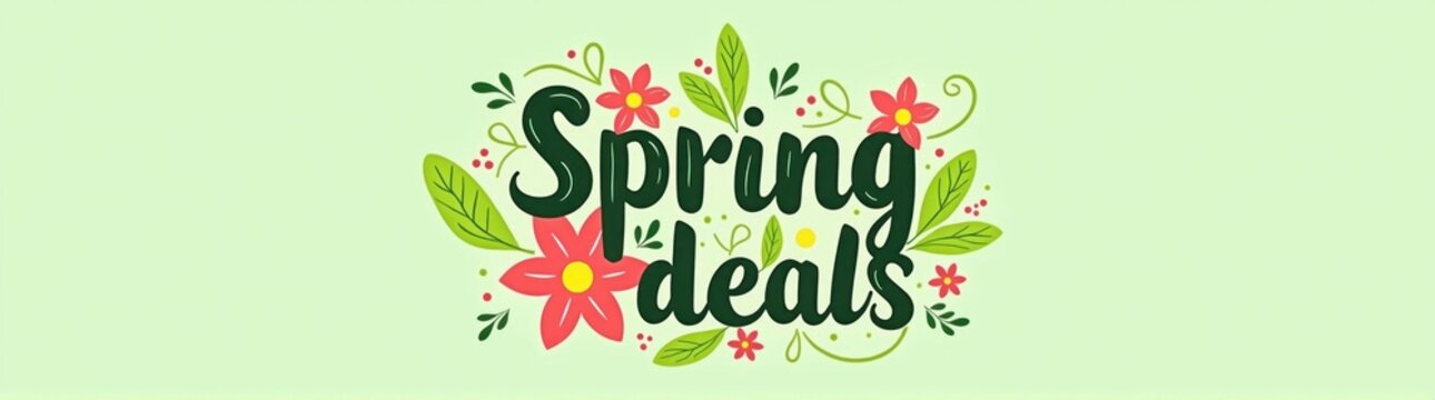 A green background with a floral design and the words spring hearts sale discount concept