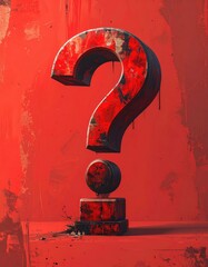 Red painted question mark on backdrop