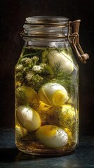 Vintage glass jar filled with white pickled tomatoes, dill and flowering herbs on dark rustic table with soft side light and blurred background, concept of nostalgic homemade preservation ritual