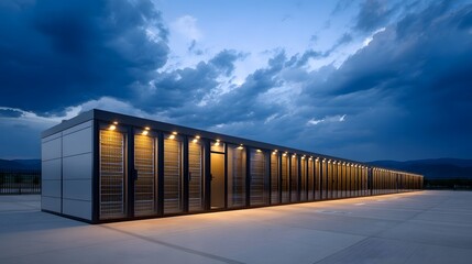A long modern data center illuminated at twilight with dramatic clouds overhead
