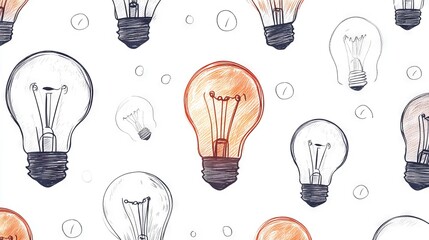 Naklejka premium 84.A seamless vector pattern featuring multiple hand-drawn light bulbs, each with varying designs, including filament details and glowing effects. The pattern is set against a clean white background,