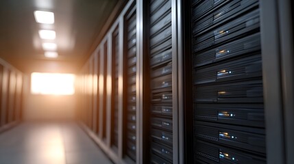 A server room aisle with rows of blinking server racks illuminated by sunlight from a distant window