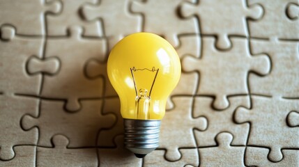 90.A flat lay image of a partially completed jigsaw puzzle, with a single yellow light bulb piece occupying the center of the puzzle. The missing piece represents a new idea or breakthrough that