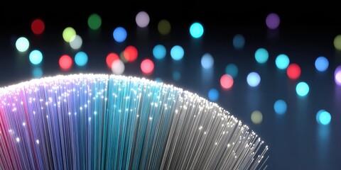 Close-up of a bundle of glowing fiber optic cables with colorful bokeh lights in the background.
