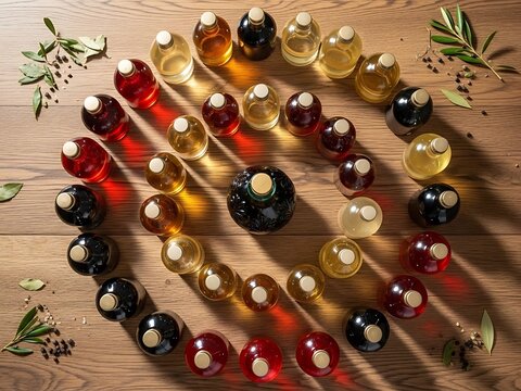 Artisanal elixir array, circular arrangement on rustic wood table with herbs