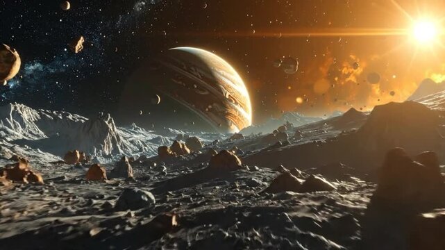 Dramatic space landscape featuring a large planet, y terrain, and distant stars, creating a sense of cosmic wonder.