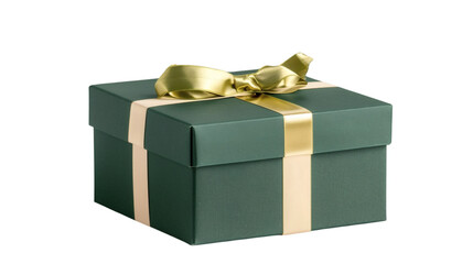 Green gift box with gold ribbon isolated on white background