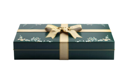 Green gift box with gold ribbon isolated on white background