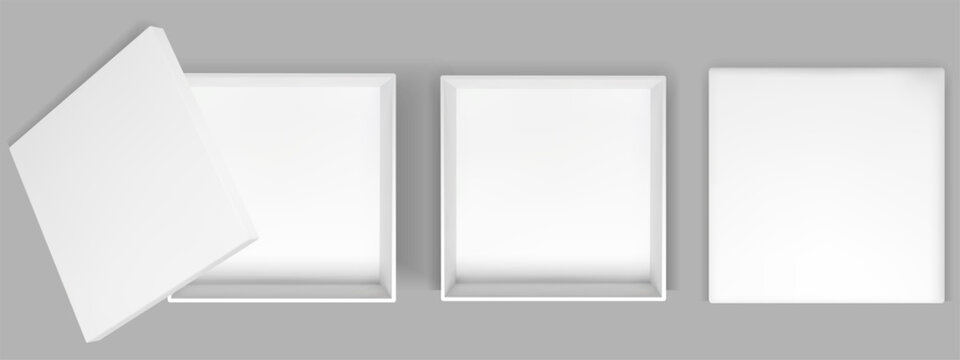 Square white box from top view with open cardboard package and realistic shadow. Empty 3d square gift container with paper cover and front perspective. Vector mockup above background isolated