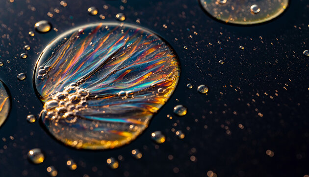 Macro shot of iridescent oil slick on dark water creating vibrant colorful reflections and patterns with small bubbles and bokeh, abstract fluid texture background.