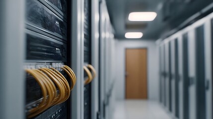 A modern server room aisle featuring neatly organized yellow network cables connected to tall server racks showcasing IT infrastructure