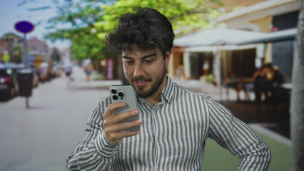 Young man with beard uses smartphone outdoors on a sunny street wearing a striped shirt surrounded by an urban setting featuring trees and blurred background cafes.