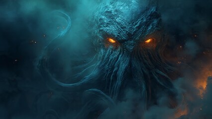 A monstrous, tentacled creature with glowing orange eyes emerges from dark, swirling mist.