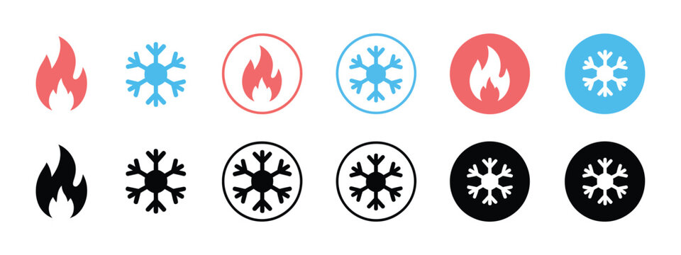 Fire and snowflake vector icon, hot and cold symbol, ice and fire circular icons for apps, websites, and user interface design.