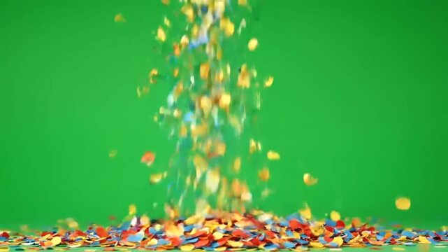 Colorful confetti falling on green background.