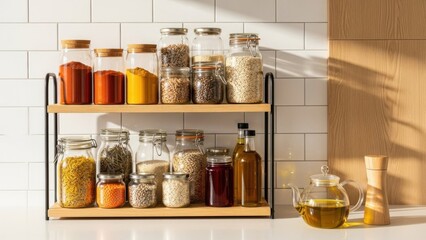 Spices and grains stored in glass jars on wooden shelf in modern kitchen