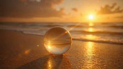 A crystal ball on a sandy beach reflects the golden sunset over the ocean waves.
