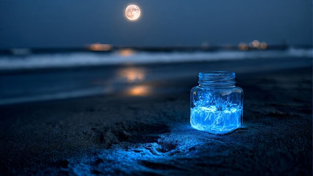 A jar of glowing bioluminescent plankton sits on a beach under a full moon. - Powered by Adobe