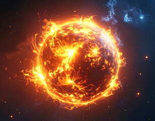 An intense, fiery celestial body amidst swirling cosmic dust