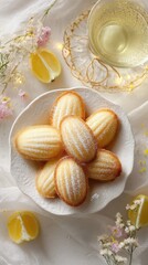 Delicate french madeleines dusted with sugar on white plate surrounded by lemon wedges, sparkling drink and pastel flowers against soft light background, romantic afternoon tea concept