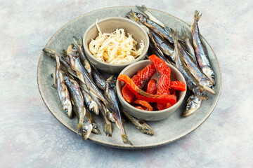 Beer and dried fish.