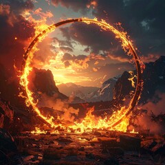 Fiery Portal - A Dramatic Scene of Burning Circle in a Mountainous Landscape at Sunset.