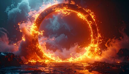 Fiery Portal - A Spectacular Ring of Fire Amidst Dramatic Clouds and Water.