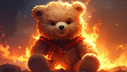 Fiery Teddy Bear - A Dramatic Scene of Burning Flames and Intense Stare.