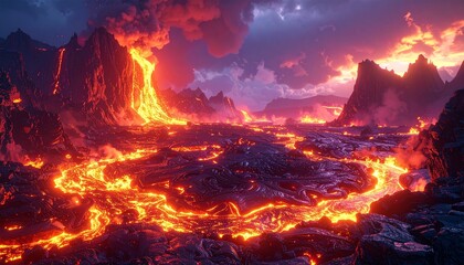 Fiery Volcanic Landscape - A Dramatic Scene of Molten Lava Flowing Through Mountains.