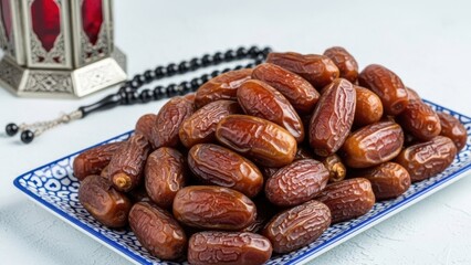 Delicious dates on a decorative plate with traditional Ramadan accessories