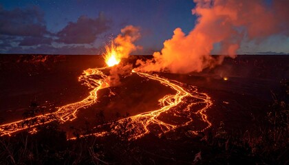 Fiery Volcano Eruption at Night - Molten Lava Flow and Smoke Plumes.