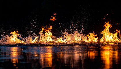 Fiery Water Dance - Captivating Flames Reflecting on a Dark Surface, Nighttime Spectacle.