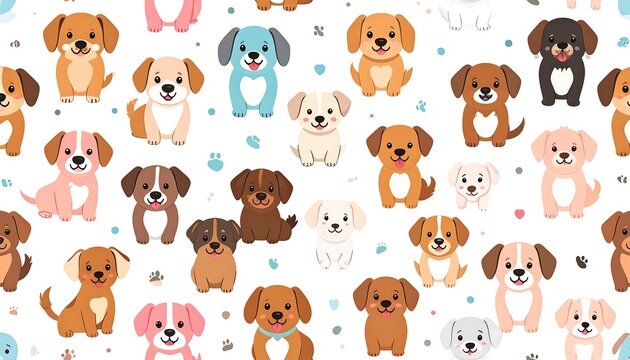A digital illustration of multiple cartoon dogs on a white background