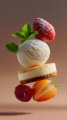 Levitating Vanilla Ice Cream Scoop with Berries and Cheesecake