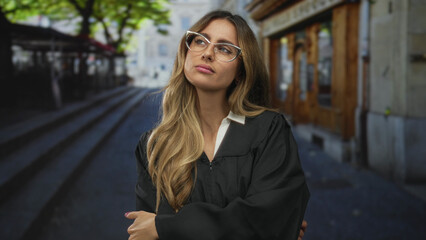Judge woman wearing black judicial robe rests chin on hand on cobblestone plaza; reflection...