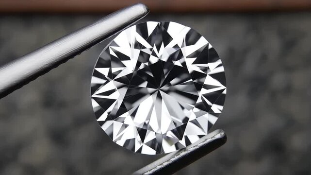 Brilliant round cut gemstone and diamond held by metal tweezers with sparkling facets reflecting light, luxury jewelry sparkle and facet brilliance