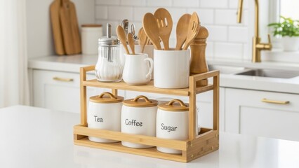 Modern kitchen countertop with wooden utensil holder and ceramic jars