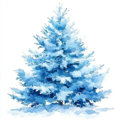 Elegant winter blue Christmas tree illustrated in watercolor.